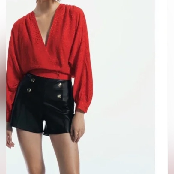 ZARA Elegant Red Women's Sz XS Polka Dot Jacquard Blouse - Picture 6 of 7